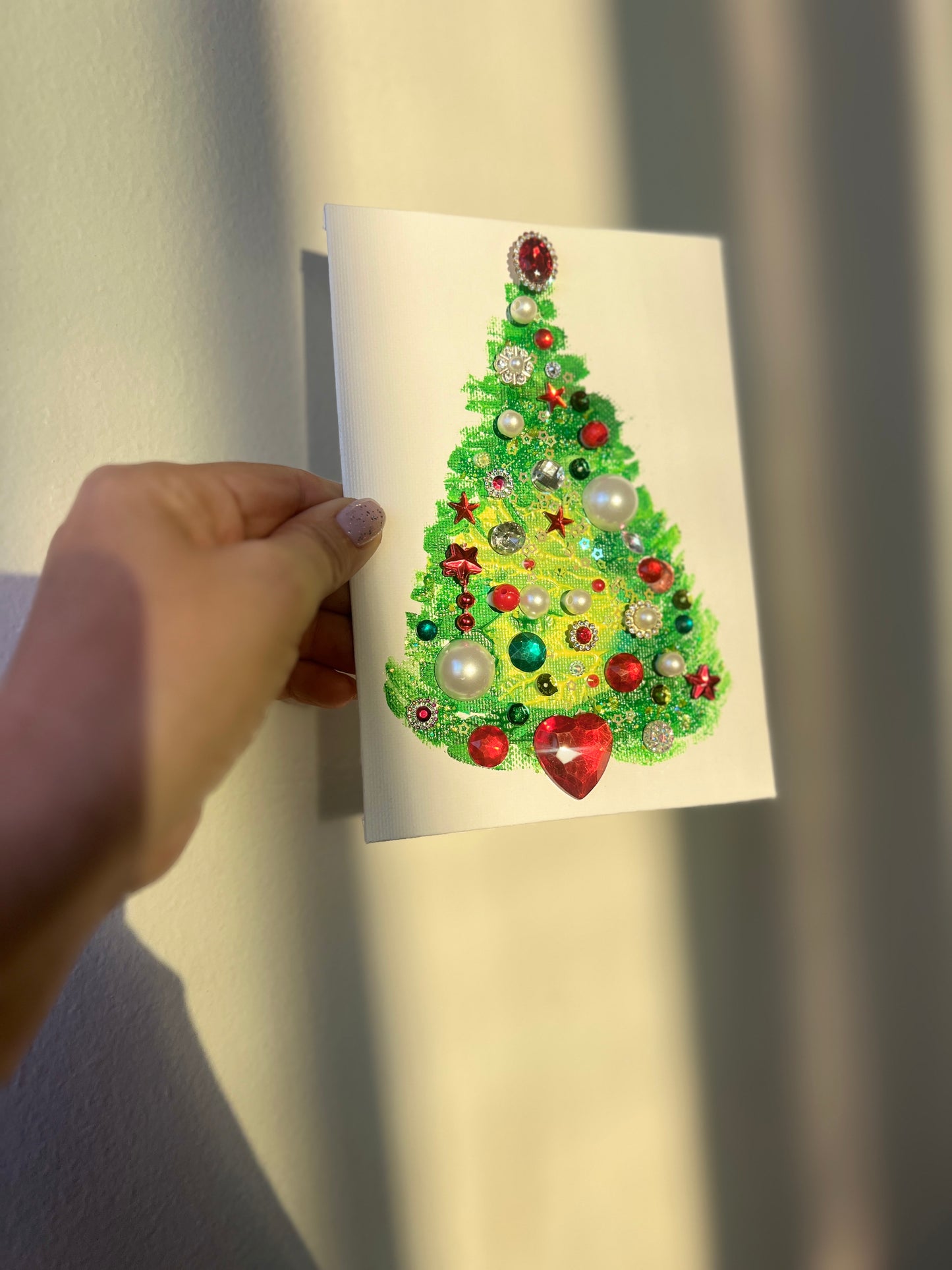 Classic Red & Green Jeweled Christmas Tree – 5x7 Original painting