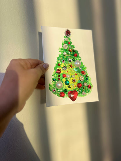 Classic Red & Green Jeweled Christmas Tree – 5x7 Original painting