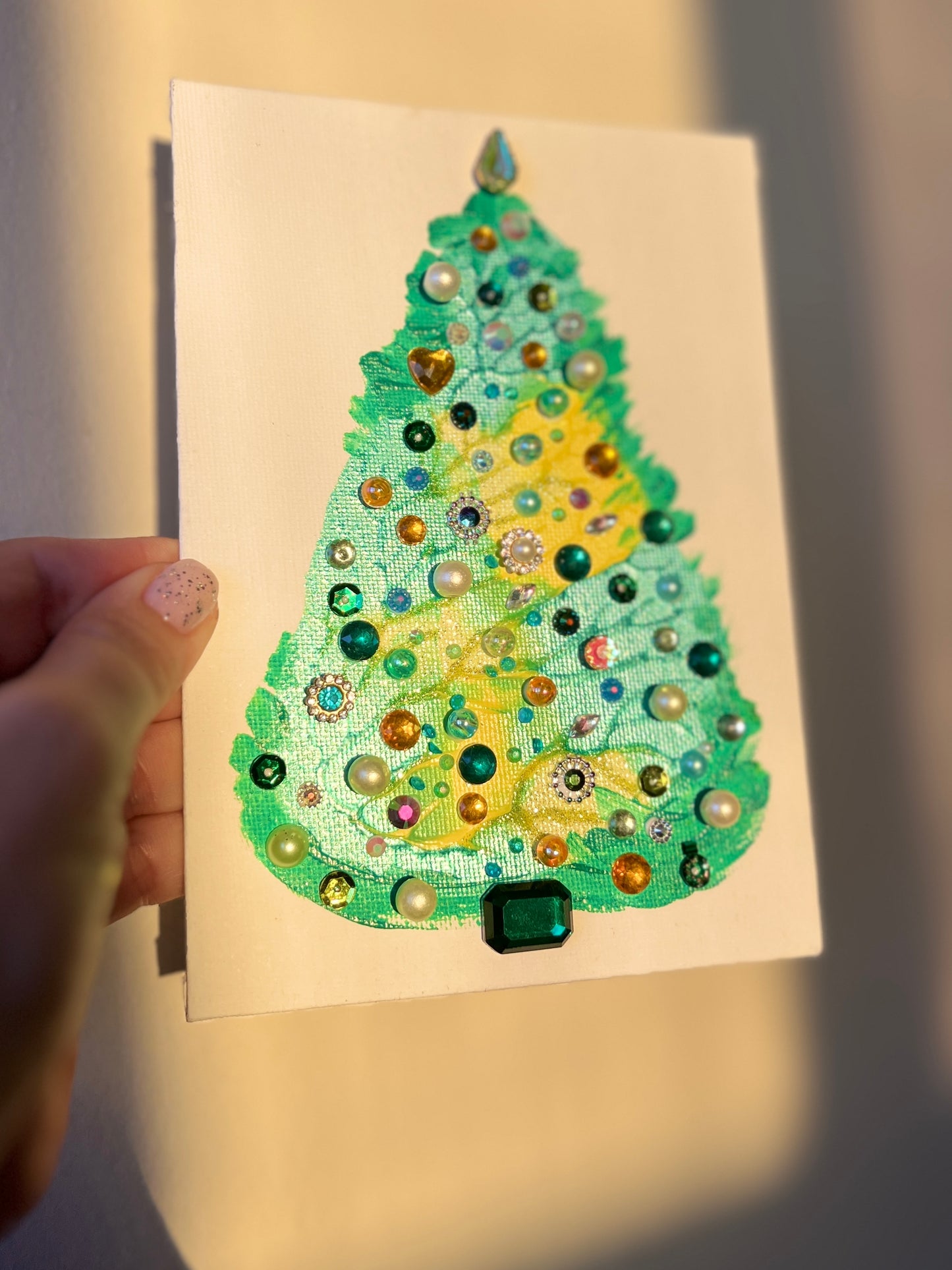 Aqua, Yellow & Emerald Jeweled Christmas Tree – 5x7 Original painting
