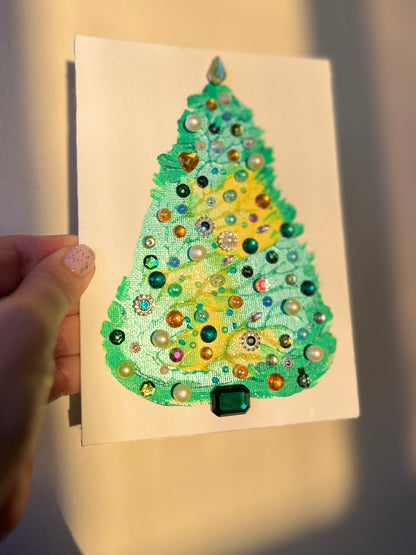 Aqua, Yellow & Emerald Jeweled Christmas Tree – 5x7 Original painting