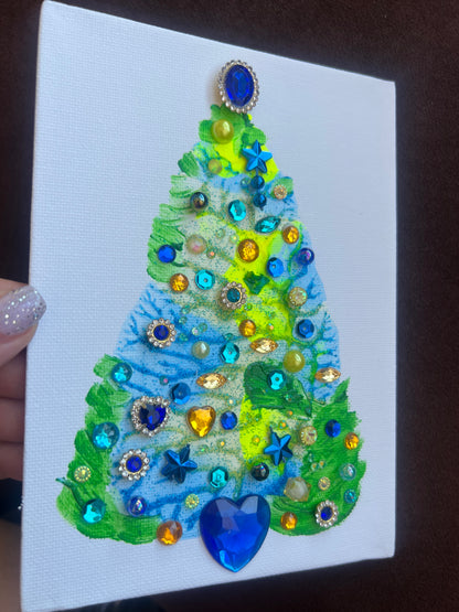 Blue & Lime Jeweled Christmas Tree – 5x7 Original painting