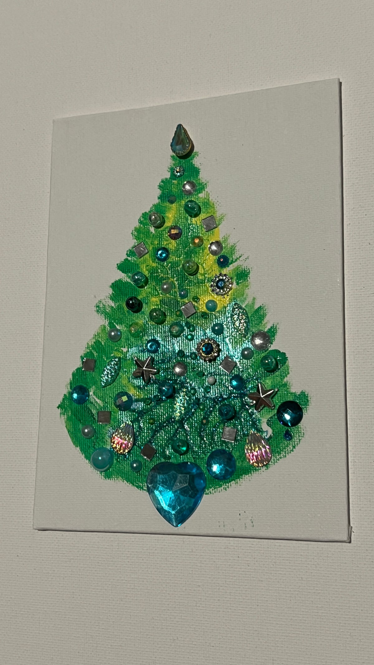 Aqua Heart Jeweled Christmas Tree – 5x7 Original painting