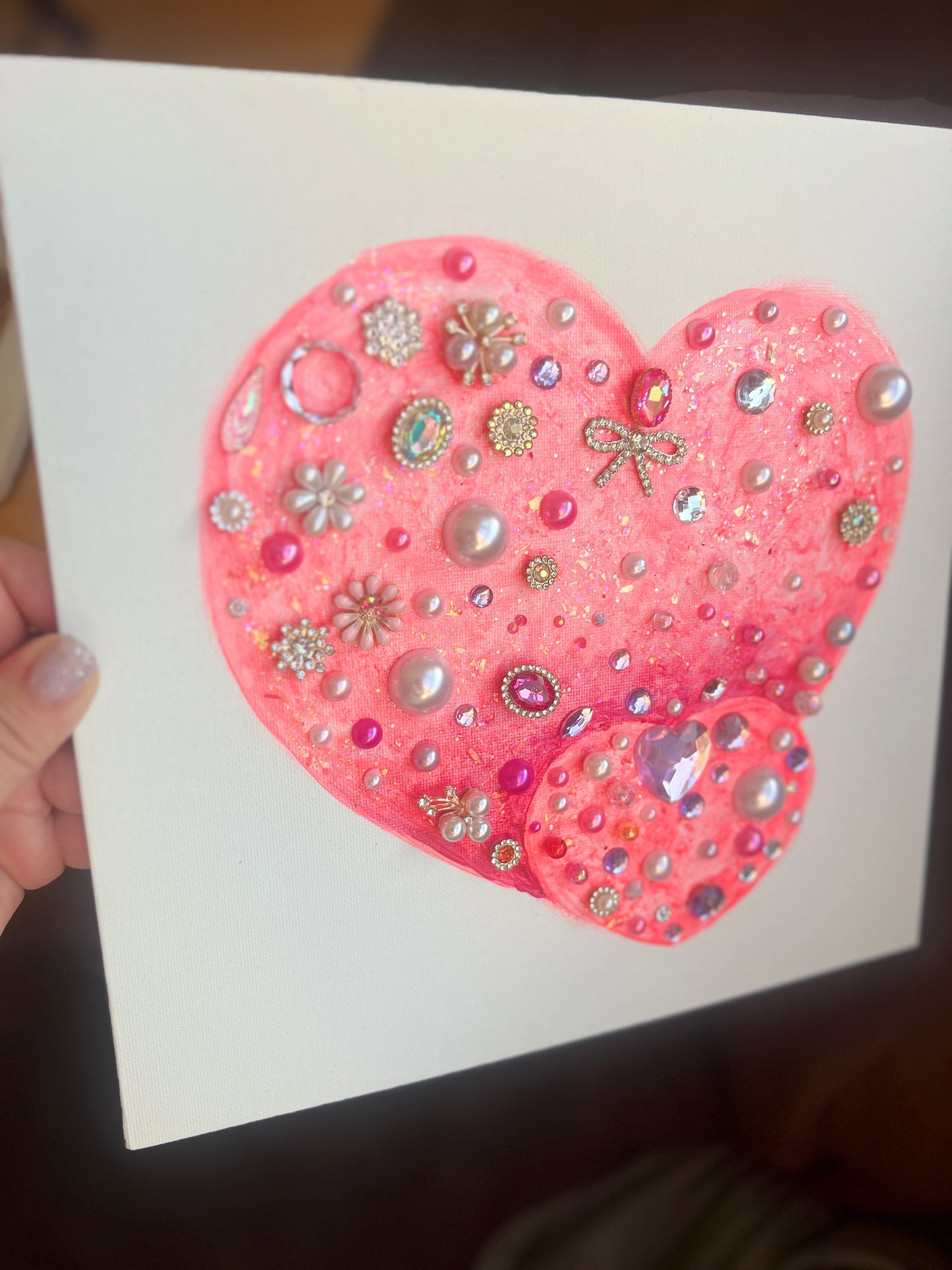 Pink heart with rhinestones and beads Pink Jeweled Hearts 10x10 Original painting