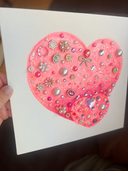 Pink heart with rhinestones and beads Pink Jeweled Hearts 10x10 Original painting
