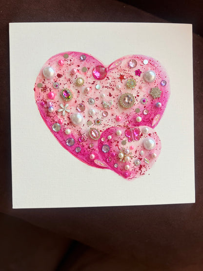 Pink Glitter Jeweled Hearts – 10x10 Original painting