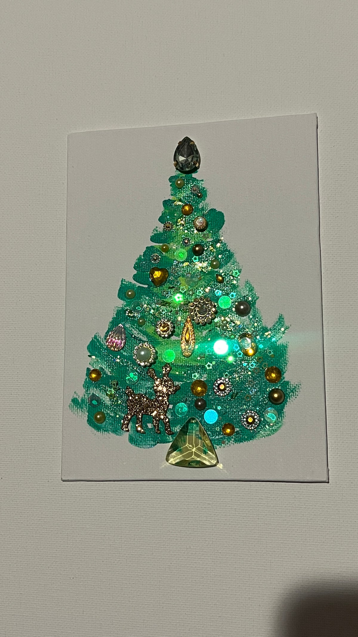 Evergreen & Gold Reindeer Christmas Tree – 5x7 Original painting