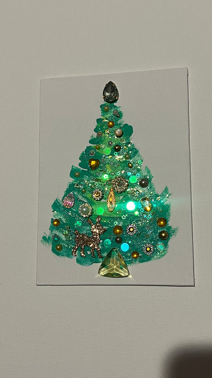 Evergreen & Gold Reindeer Christmas Tree – 5x7 Original painting