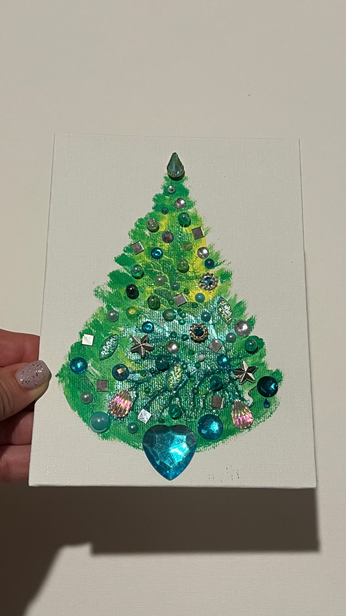 Aqua Heart Jeweled Christmas Tree – 5x7 Original painting