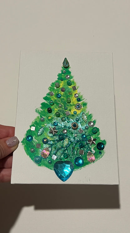 Aqua Heart Jeweled Christmas Tree – 5x7 Original painting