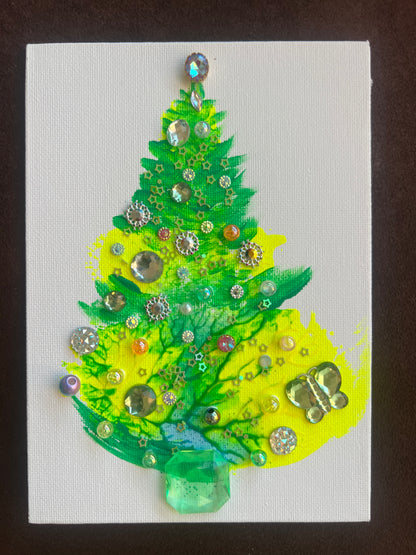 Lime & Green Jeweled Christmas Tree with Butterfly – 5x7 Original painting