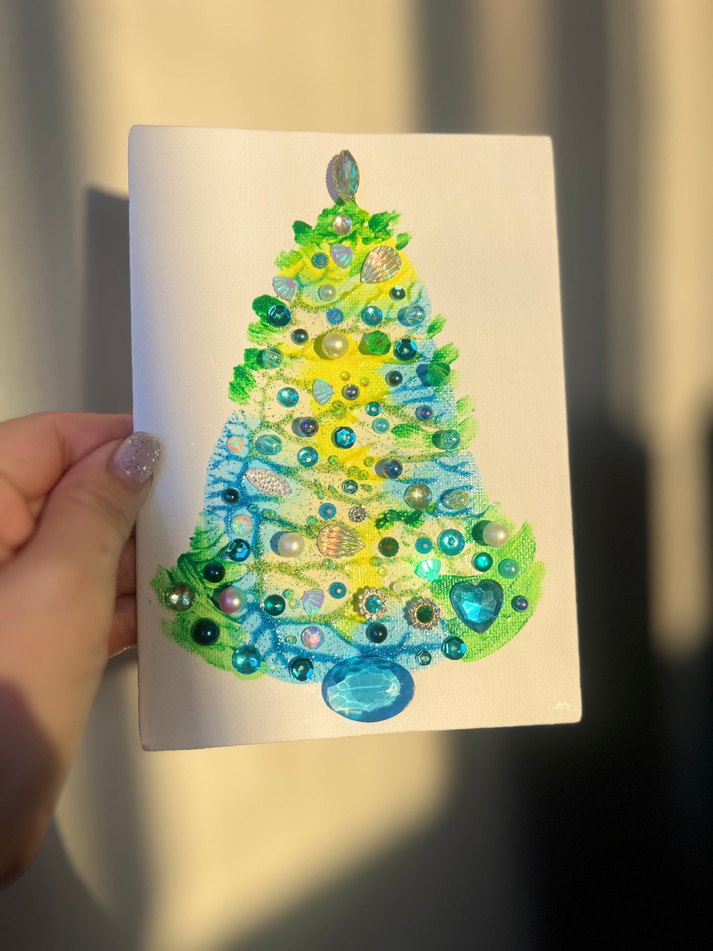 Yellow & Aqua Jeweled Christmas Tree – 5x7 Original painting