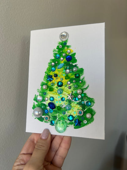 Green, Blue & Pearl Jeweled Christmas Tree – 5x7 Original painting