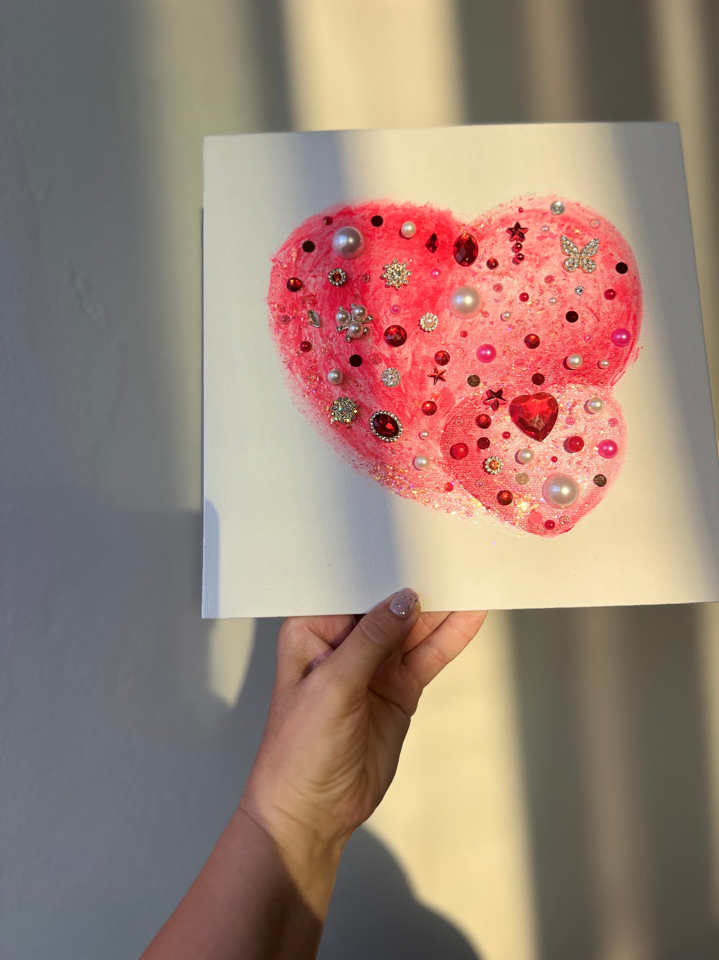 Coral Glitter Heart Duo – 10x10 Original painting