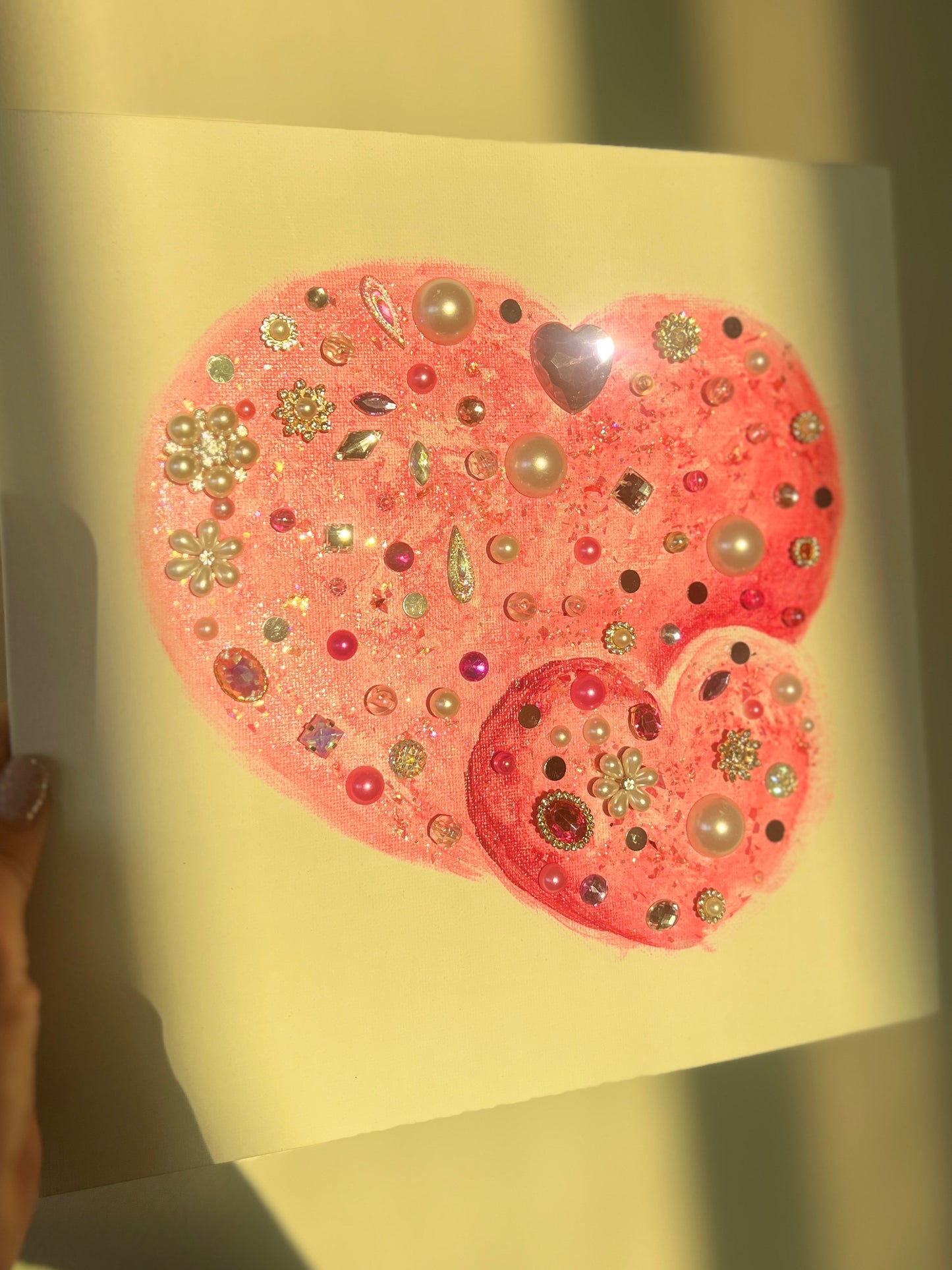 Pink heart with rhinestones and pearls Pink Jeweled Hearts – 10x10 Original painting
