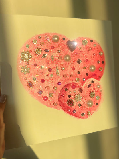 Pink heart with rhinestones and pearls Pink Jeweled Hearts – 10x10 Original painting