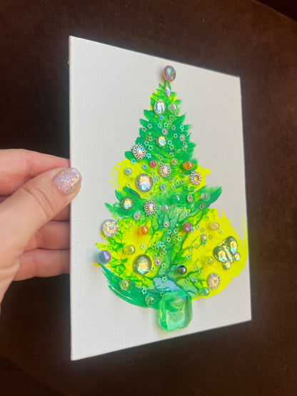 Lime & Green Jeweled Christmas Tree with Butterfly – 5x7 Original painting