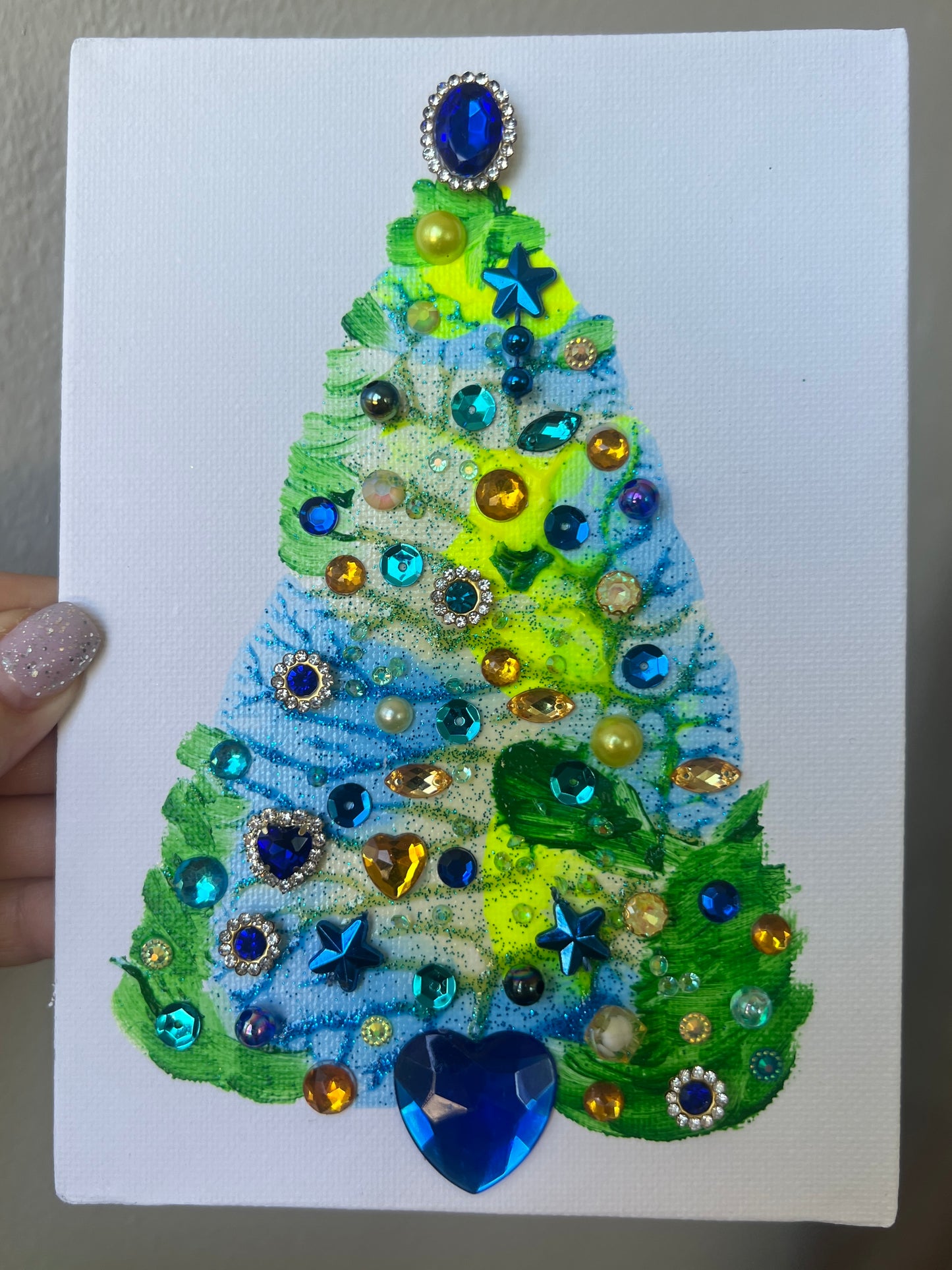 Blue & Lime Jeweled Christmas Tree – 5x7 Original painting