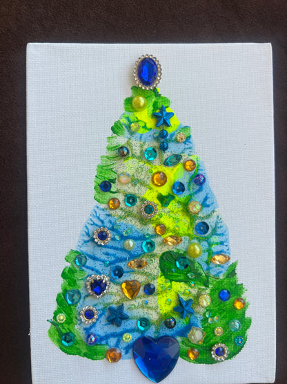Blue & Lime Jeweled Christmas Tree – 5x7 Original painting