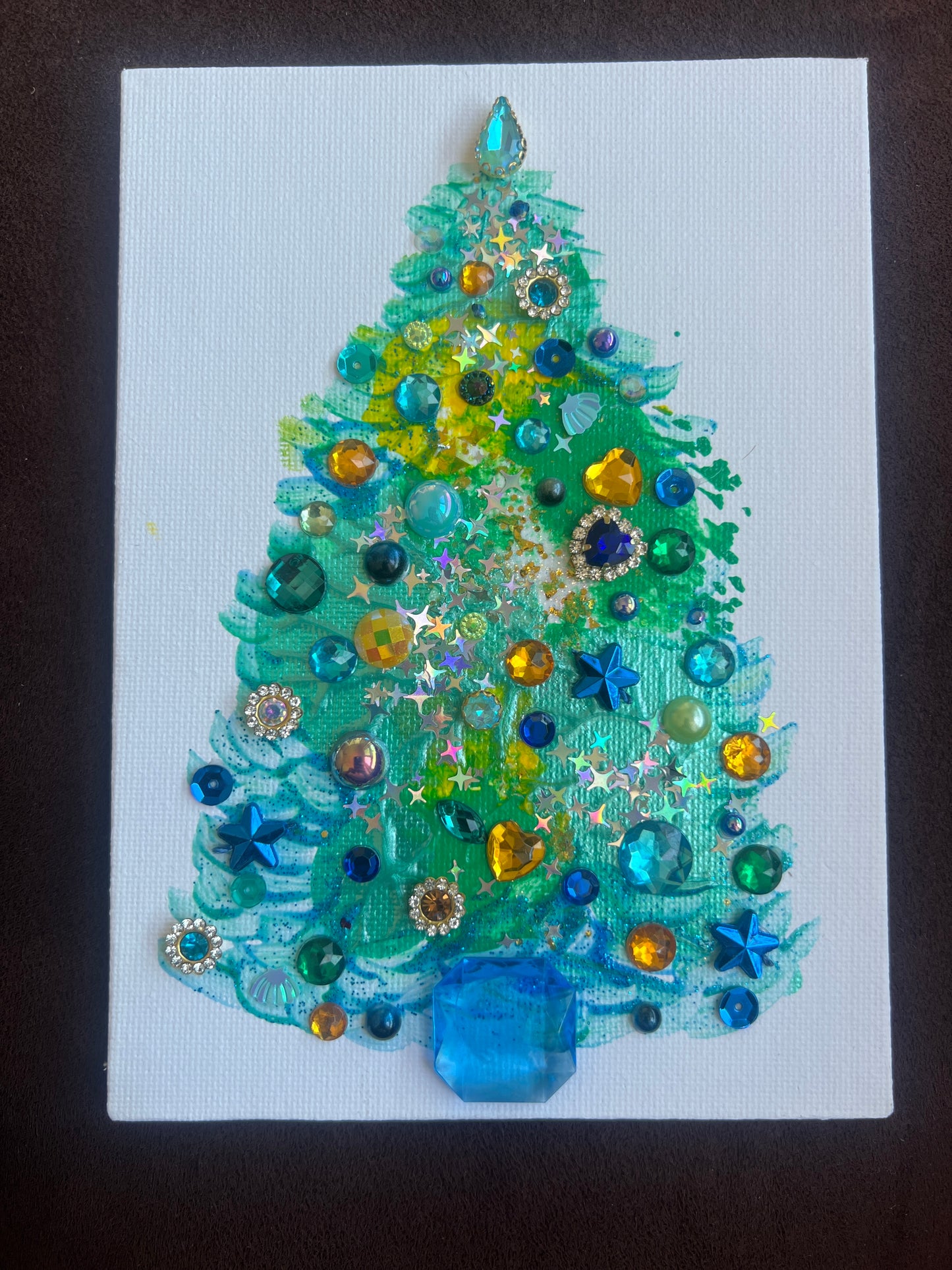 Teal & Gold Christmas Tree Art - 5x7 Original painting