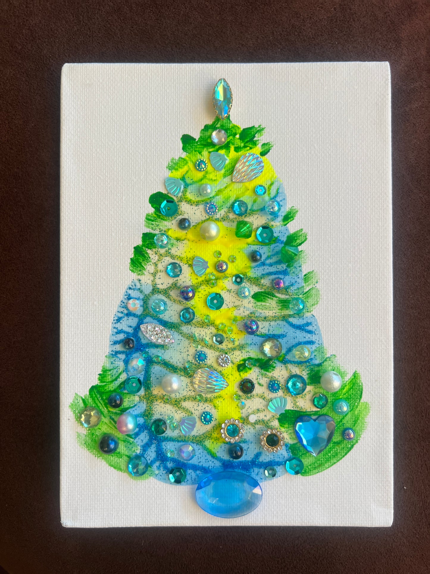 Yellow & Aqua Jeweled Christmas Tree – 5x7 Original painting
