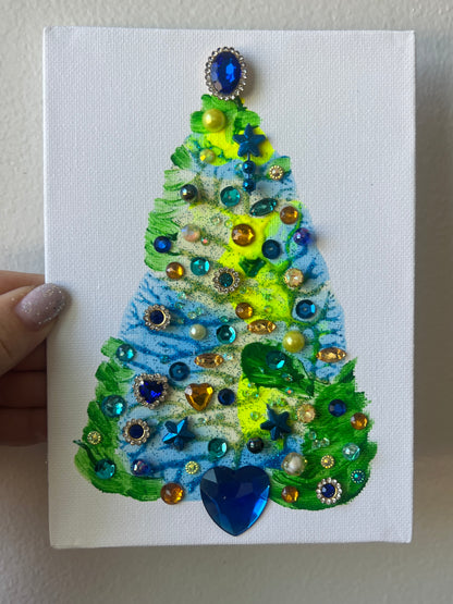 Blue & Lime Jeweled Christmas Tree – 5x7 Original painting