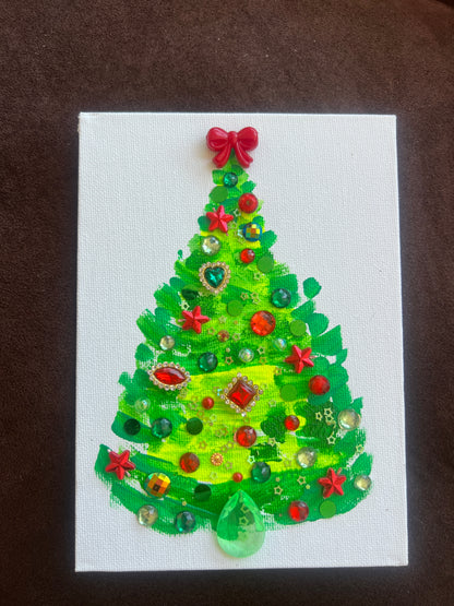 Classic Red & Green Jeweled Christmas Tree – 5x7 Original painting
