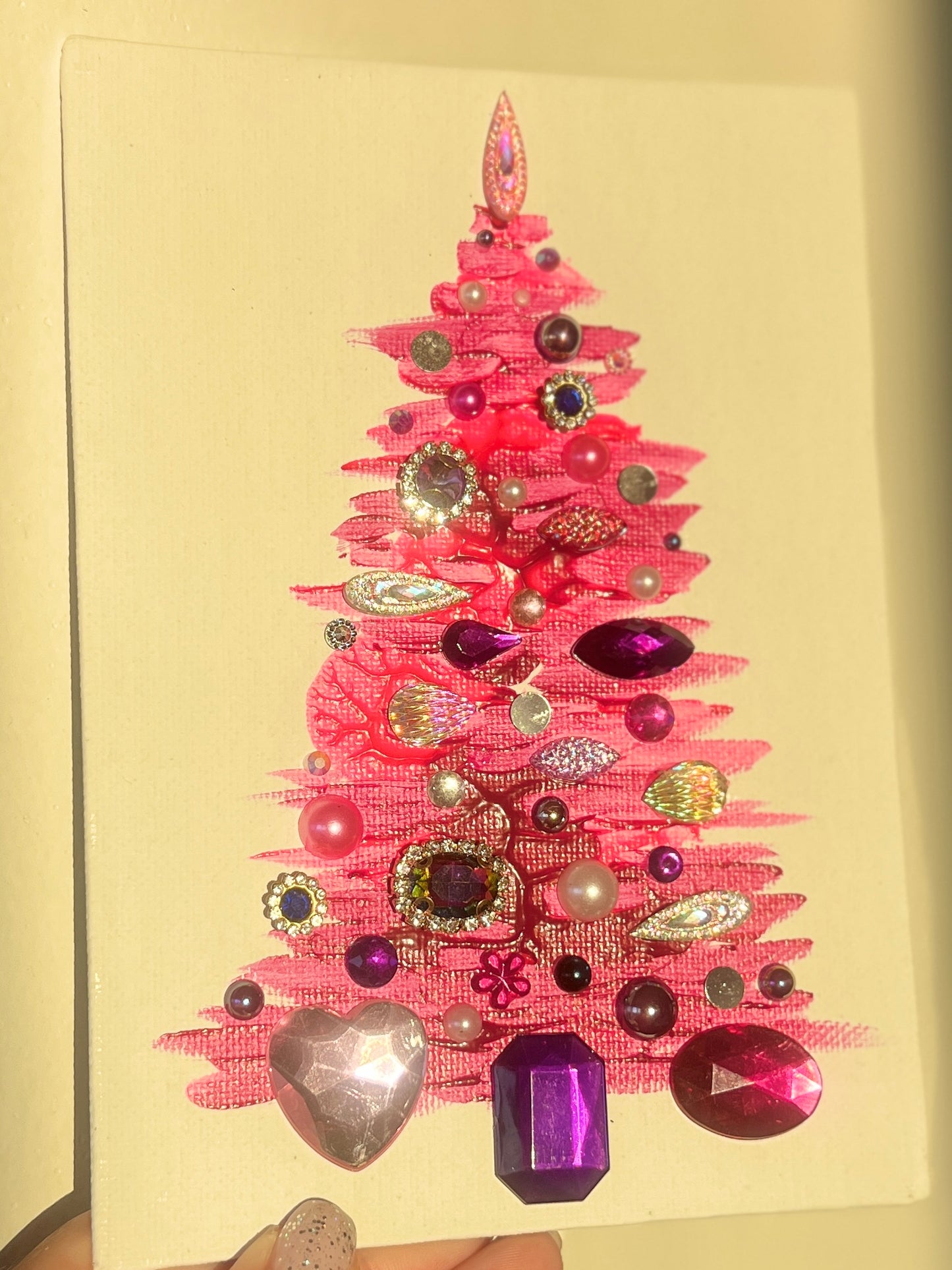 Handmade Textured Pink Christmas Tree Art – 5x7" (12.7x17.8 cm) Canvas Board