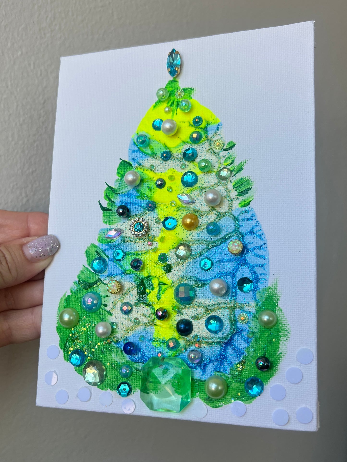 Handmade Christmas tree Lime & Blue Jeweled Christmas Tree – 5x7 Original