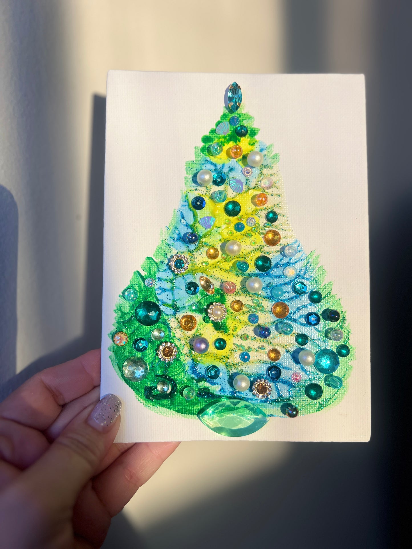 Lime, Blue & Green Jeweled Christmas Tree – 5x7 Original painting