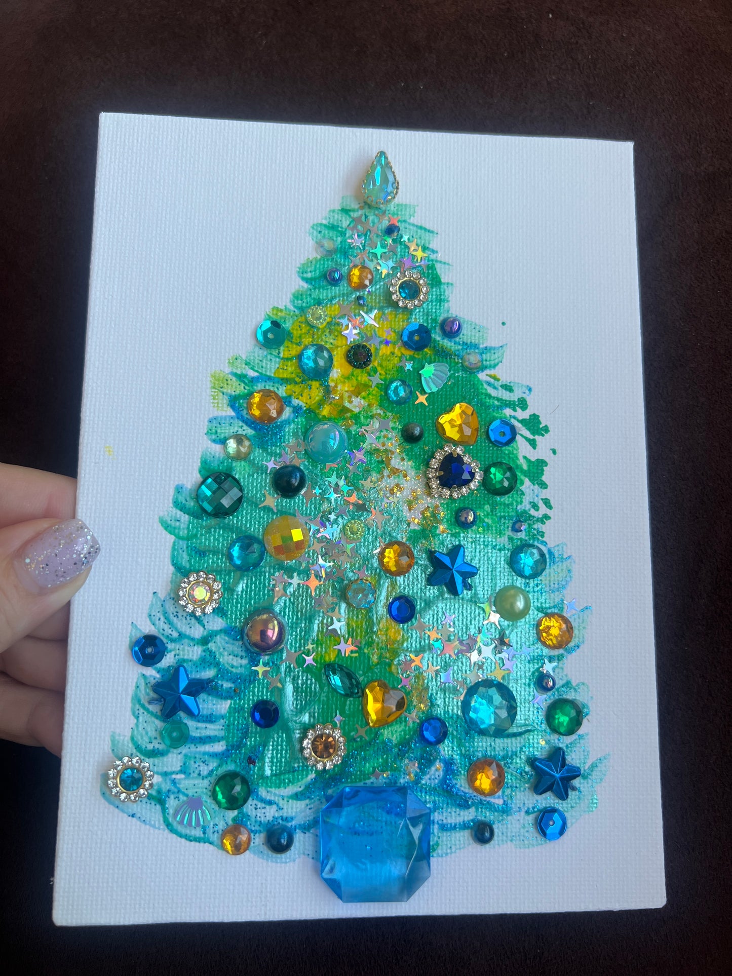Teal & Gold Christmas Tree Art - 5x7 Original painting