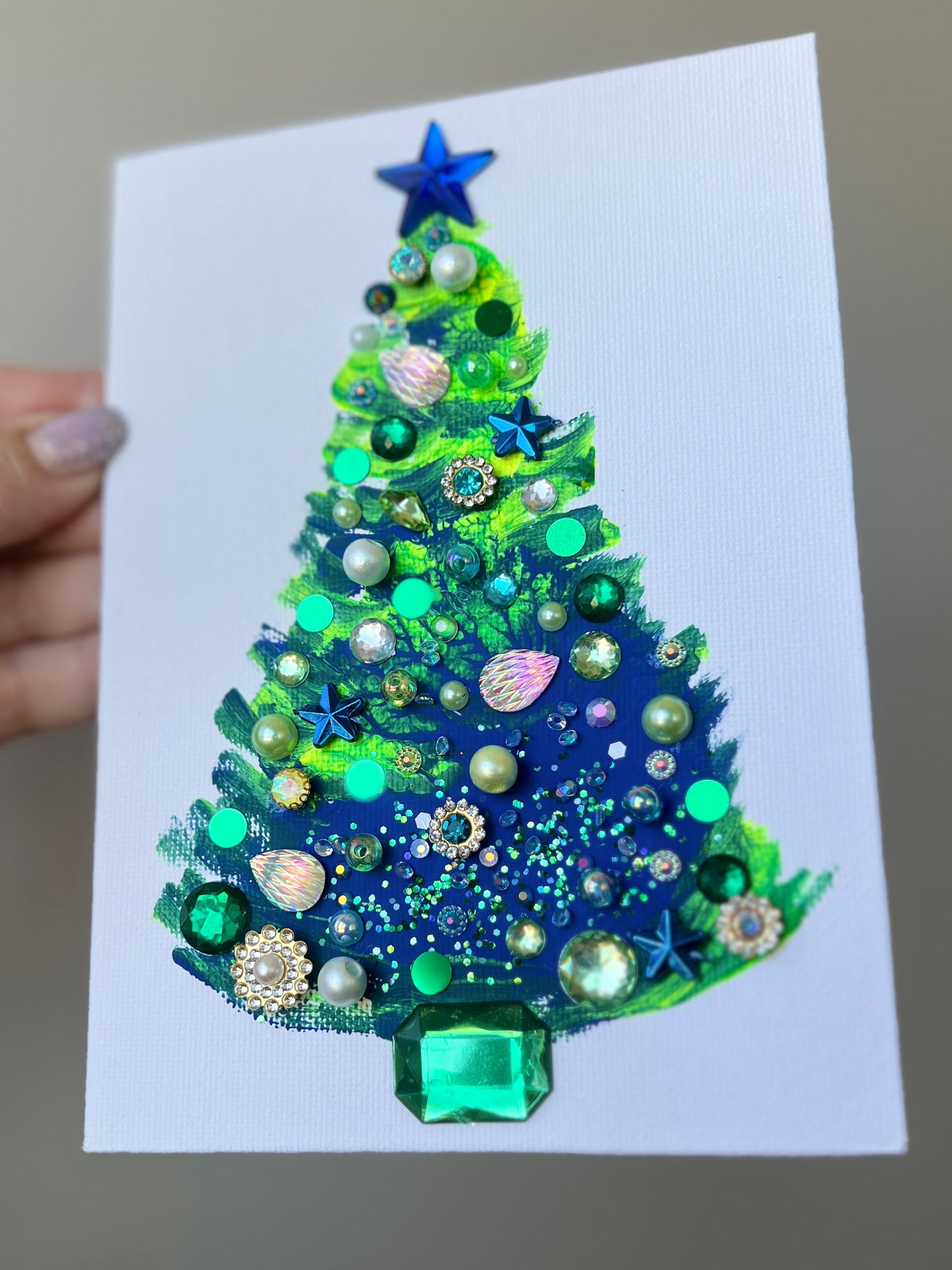 Blue & Green Jeweled Christmas Tree – 5x7 Original