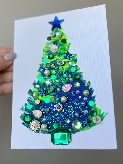 Blue & Green Jeweled Christmas Tree – 5x7 Original