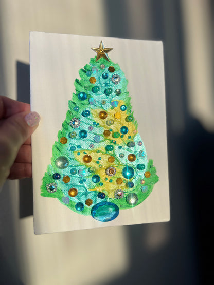 Aqua & Gold Jeweled Christmas Tree – 5x7 Original painting