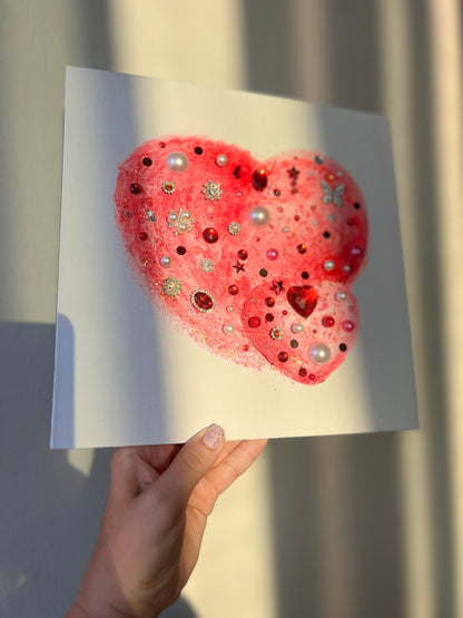 Coral Glitter Heart Duo – 10x10 Original painting
