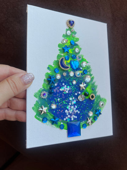 Starry Night Jeweled Christmas Tree – 5x7 Original painting