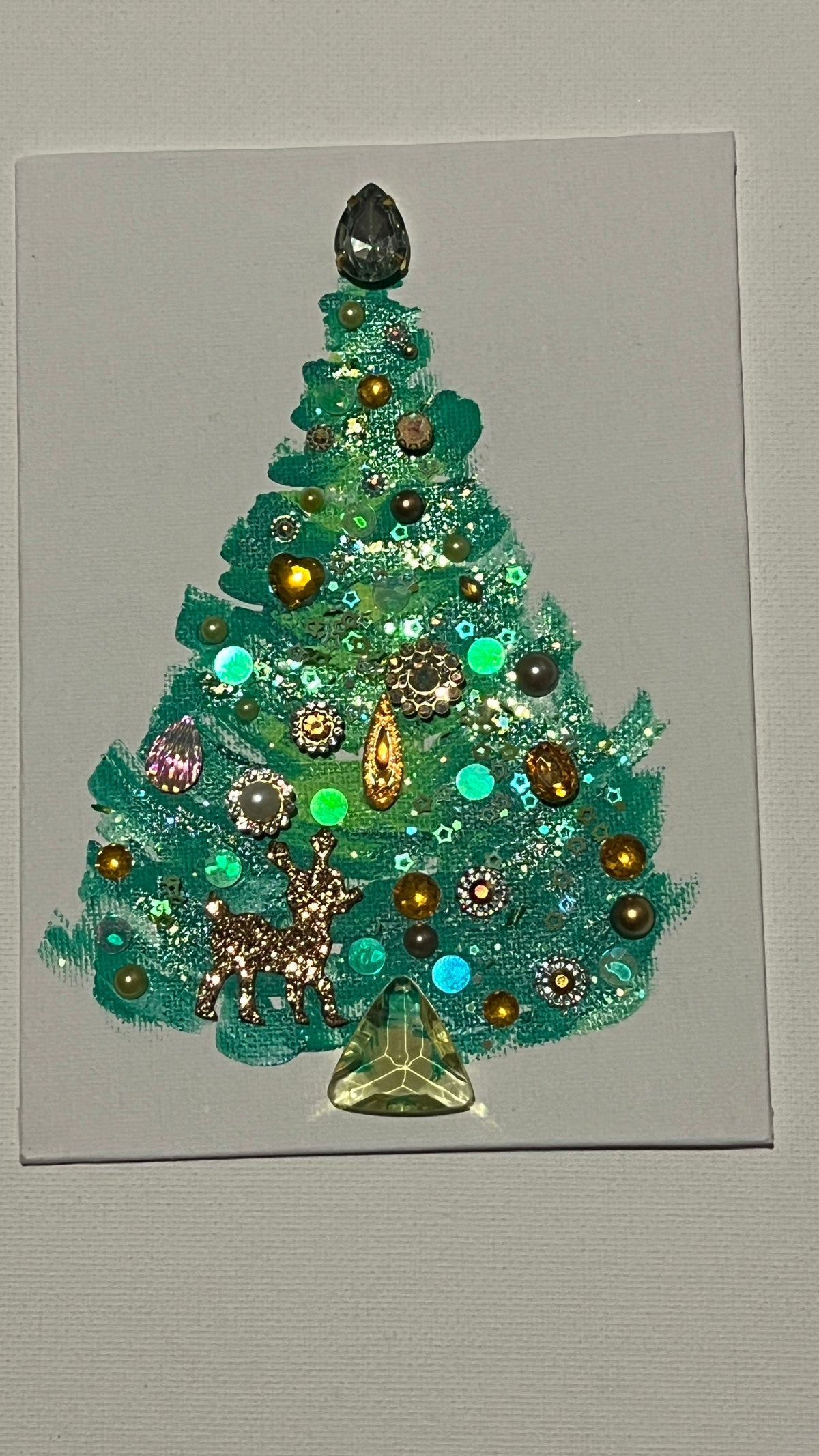 Evergreen & Gold Reindeer Christmas Tree – 5x7 Original painting