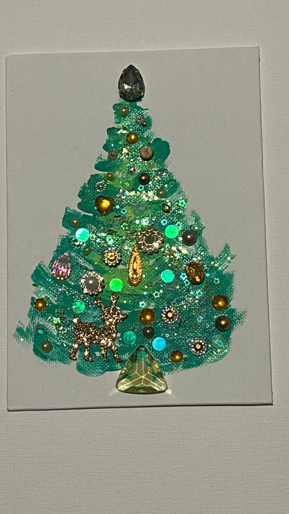 Evergreen & Gold Reindeer Christmas Tree – 5x7 Original painting