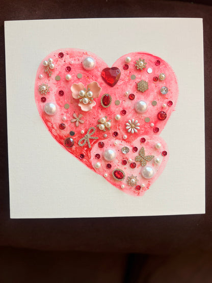 Pink & Ruby Jeweled Hearts – 10x10 Original painting