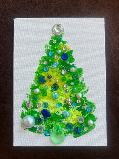Green, Blue & Pearl Jeweled Christmas Tree – 5x7 Original painting