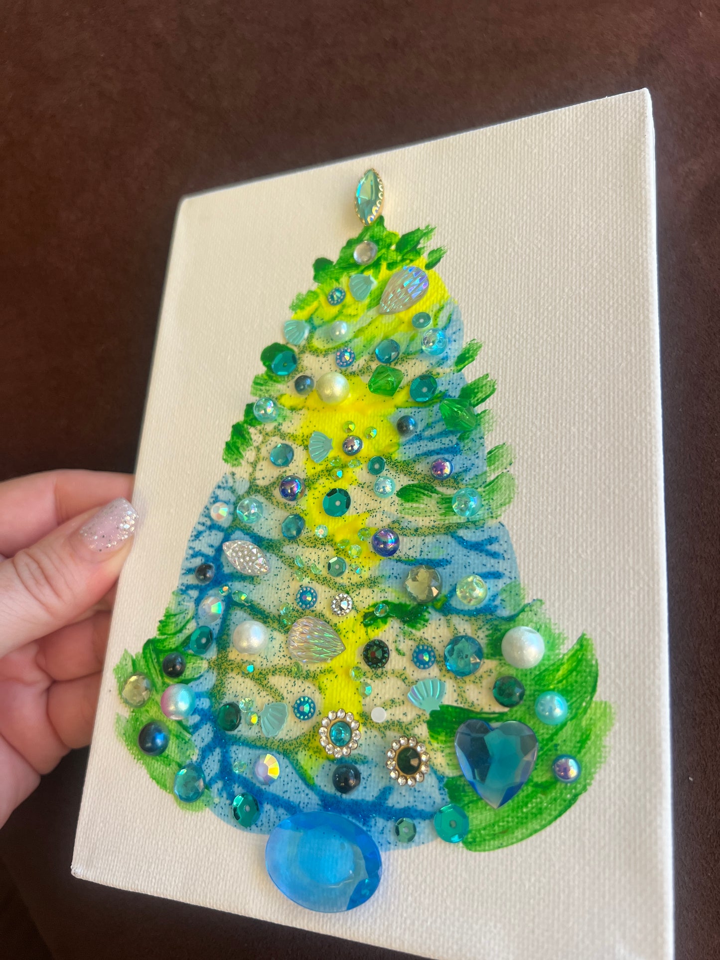Yellow & Aqua Jeweled Christmas Tree – 5x7 Original painting