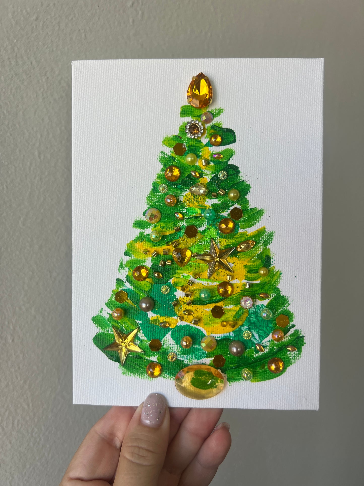Green & Gold Jeweled Christmas Tree – 5x7 Original painting