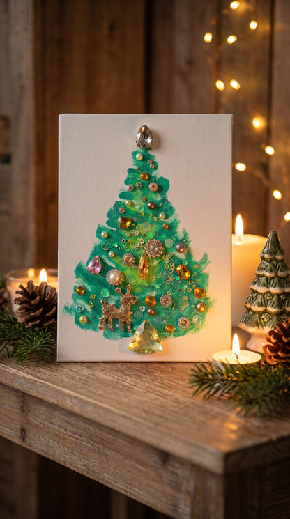 Evergreen & Gold Reindeer Christmas Tree – 5x7 Original painting