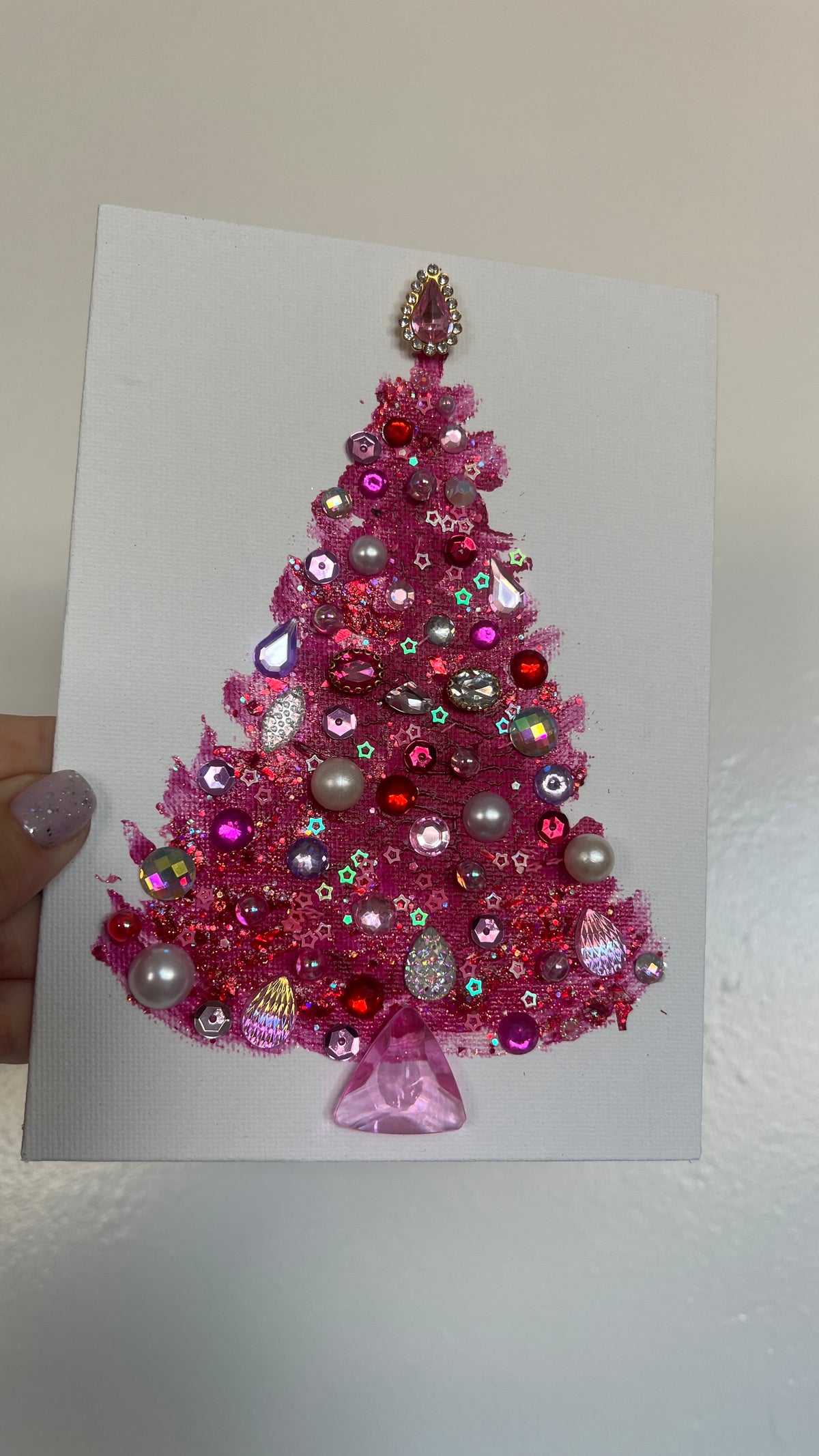 A pink Christmas tree glowing with celebration an original 3D painting, 5×7 in (12.7×17.8 cm)
