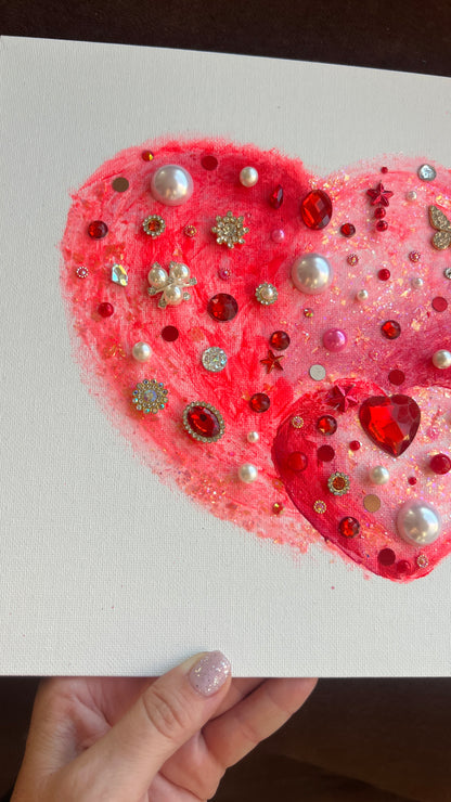 Coral Glitter Heart Duo – 10x10 Original painting