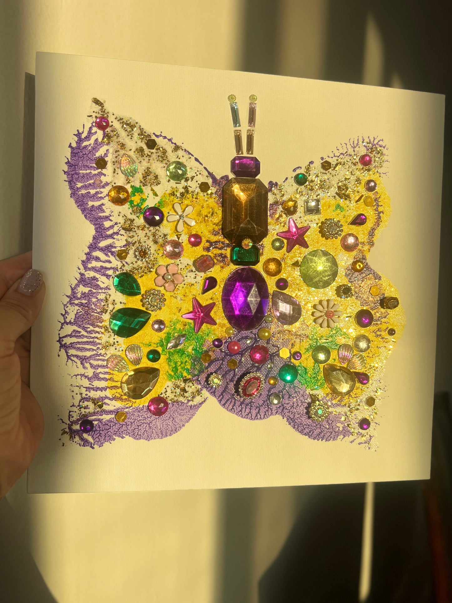 Handmade butterfly art with colorful gemstones and beads Jeweled Butterfly Art – 10x10 Origina painting