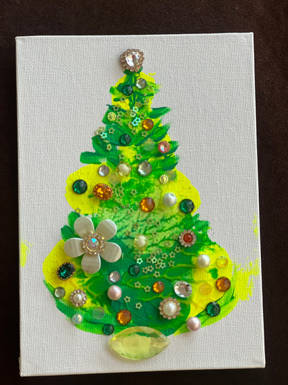 Emerald & Sunshine Jeweled Christmas Tree – 5x7 Original painting