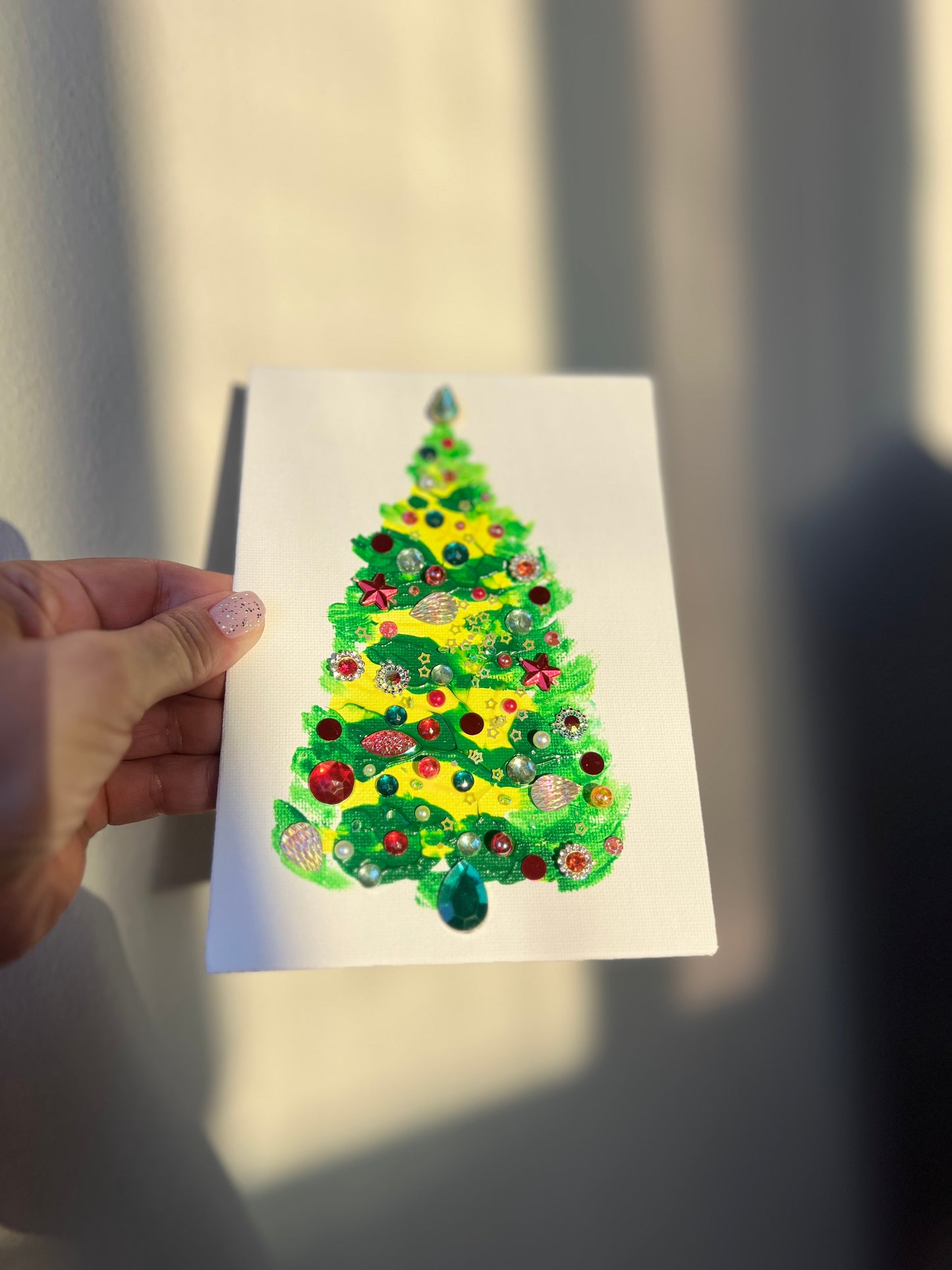 Classic Red & Green Jeweled Christmas Tree – 5x7 Original painting