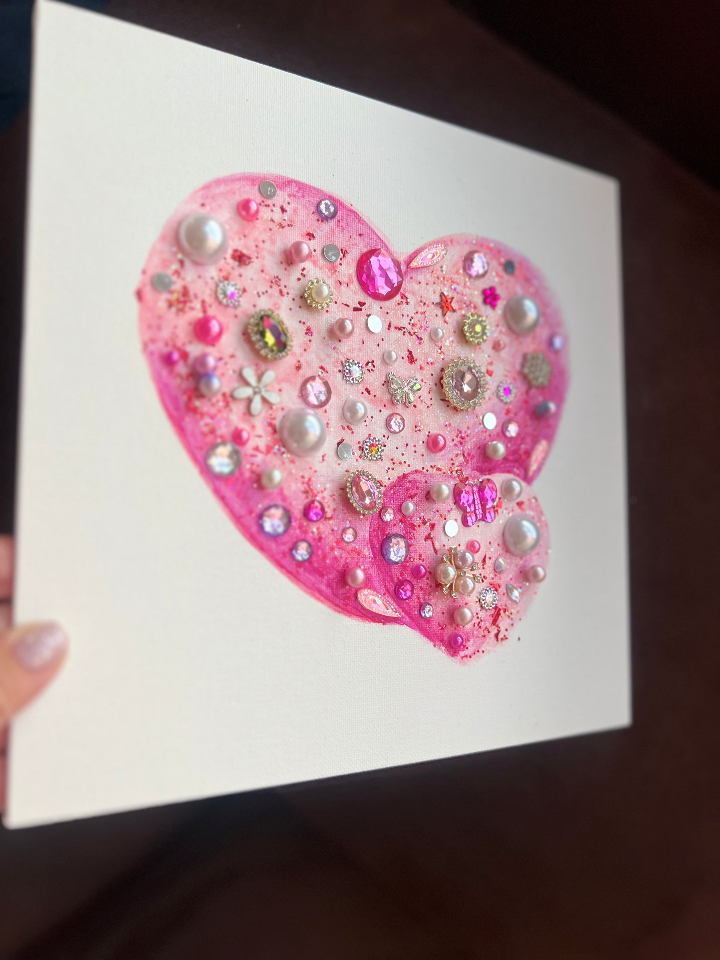 Pink Glitter Jeweled Hearts – 10x10 Original painting