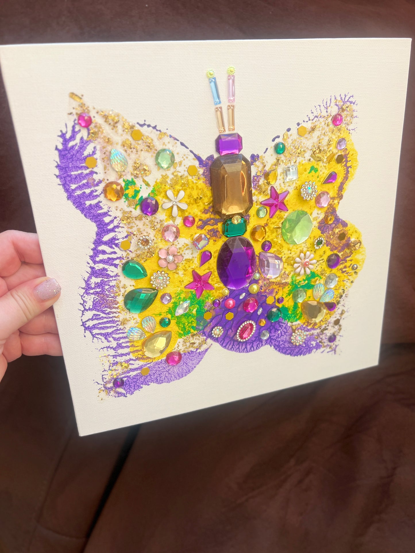 Handmade butterfly art with colorful gemstones and beads Jeweled Butterfly Art – 10x10 Origina painting