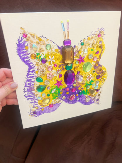 Handmade butterfly art with colorful gemstones and beads Jeweled Butterfly Art – 10x10 Origina painting